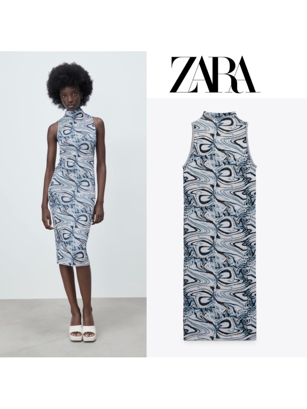 ZARA Marble-Print Sleeveless Midi Dress in Blue and White